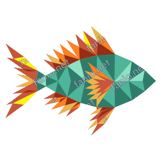 A low-poly fish with a teal faceted body and spiky orange, red and yellow fins and tail, swimming to the right.