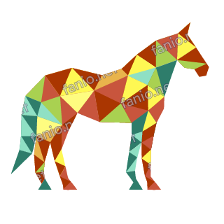 A low-poly horse standing in profile, built from rust, yellow and teal triangles.