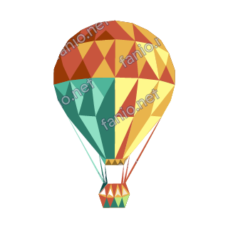 A low-poly hot air balloon with a red and yellow top, a teal and yellow lower half and a small basket hanging below.