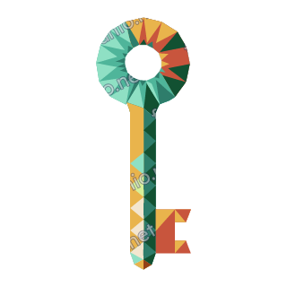 A low-poly old key standing upright, with a round mint, teal and rust bow and a long mustard and green shaft ending in a square bit.