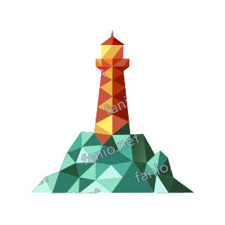 A low-poly lighthouse in rust and yellow stripes standing on a teal faceted rock.