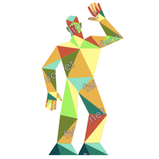 A low-poly man in faceted yellow, green, teal and rust triangles, standing with one hand raised in a wave and a small head.