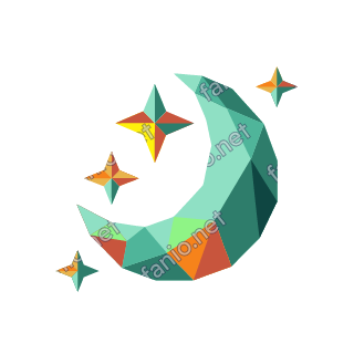 A low-poly crescent moon in mint and teal with an orange patch at its base, surrounded by four small four-pointed stars.
