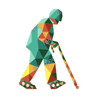 A low-poly old man, stooped and walking forward in teal and yellow triangles, leaning on a long cane.