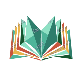 A low-poly open book with teal pages fanning upward and rust and yellow page edges.