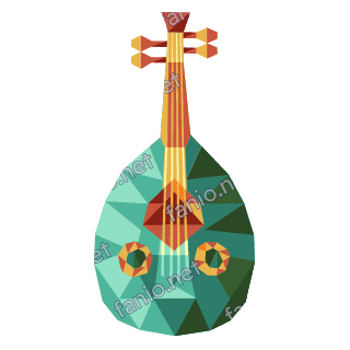A low-poly oud seen from the front, with a pear-shaped teal body, two round sound holes and an orange neck with tuning pegs.