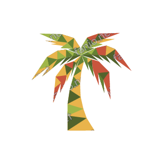 A low-poly palm tree with a curved yellow and rust trunk and a crown of spiky green fronds.