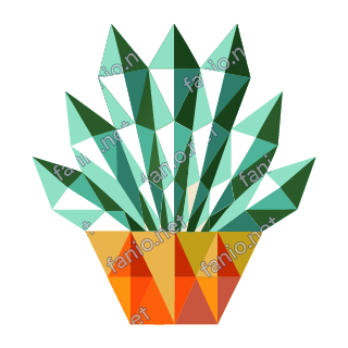 A low-poly plant with long pointed mint and dark green leaves fanning up from an orange and mustard faceted pot.