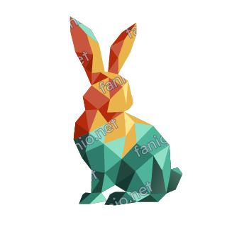 A low-poly rabbit sitting with long upright rust and yellow ears and a teal faceted body.