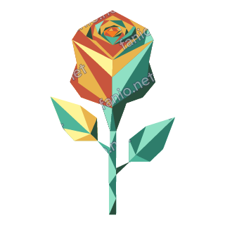 A low-poly rose with a rust and yellow faceted bloom on a teal stem with two leaves.