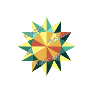 A low-poly sun with a yellow and orange faceted centre and pointed triangle rays in yellow and teal.