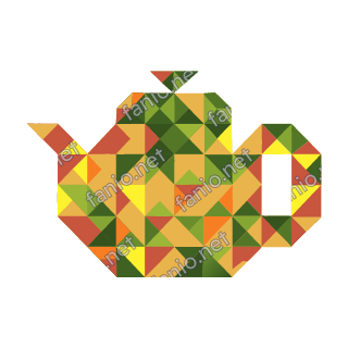 A low-poly teapot made of small yellow, green and rust triangles, with the spout on the left, the handle on the right and a lid on top.