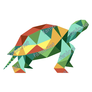 A low-poly turtle walking to the right, with a faceted shell of yellow, green and rust triangles and a mint head.