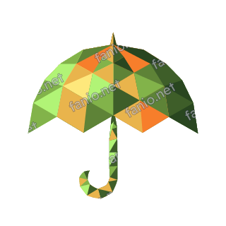 A low-poly open umbrella in green, mustard and orange triangles, with a hooked handle curling at the bottom.