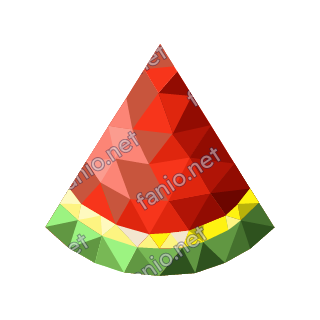 A low-poly triangular watermelon slice with red faceted flesh, a pale yellow band and a green rind, with no seeds.