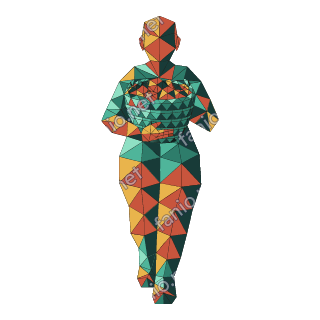 A low-poly woman in teal and rust triangles, holding a woven basket of fruit against her chest.