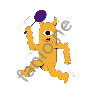 A tall yellow one-eyed monster with small horns swinging a dark purple racket at a pale shuttlecock.