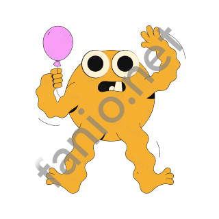 A chubby yellow monster with two big eyes holding a pink balloon and waving.