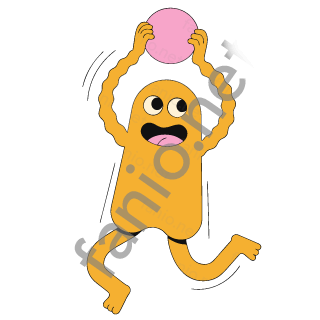 A yellow monster with a happy open mouth holding a pink ball high above its head with both wavy arms.