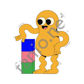 A yellow peanut-shaped monster with two eyes standing beside a stack of green, pink and blue toy blocks, one hand on the top block.