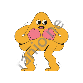 A yellow triangle monster with two eyes holding up two pink boxing gloves in front of its face.