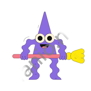A purple cone-headed monster with two eyes holding a long pink broom with a yellow head.