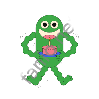 A tall green monster with a wide smile carrying a pink cake with one candle on a blue plate.