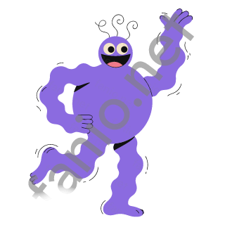 A round purple monster with a small head and curly antennae, dancing with one arm raised high and one leg kicked out.