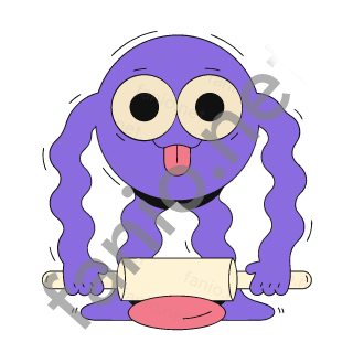A round purple monster with big eyes and its tongue out rolling a pale rolling pin over a pink round of dough.