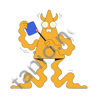 A yellow triangle monster with two horns and one tooth holding a small blue canvas and touching it with a thin brush.