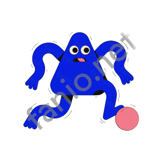 A blue triangle-shaped monster with two eyes running to kick a pink ball.