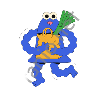 A blue bell-shaped monster hugging a yellow paper bag with a green leek sticking out of the top.