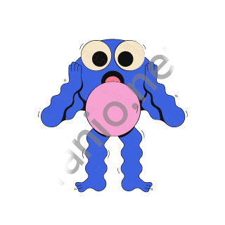 A blue monster with wide eyes blowing a big pink bubble gum balloon, hands raised in surprise.