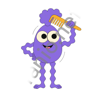 A purple egg-shaped monster with a fluffy tuft on top combing it with a yellow comb.