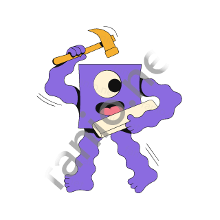 A purple square monster with one eye swinging a yellow hammer and holding a pale wooden plank.
