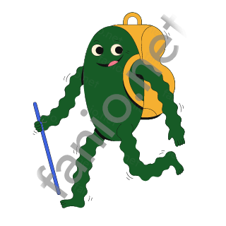 A dark green monster with a yellow backpack walking along with a thin blue walking stick.
