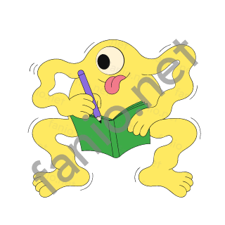 A pale yellow one-eyed monster with its tongue out writing with a purple pencil in an open green notebook.