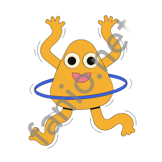 A yellow triangle monster with its arms up spinning a blue hula hoop around its waist.