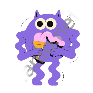 A round purple monster with pointed ears licking a pink scoop of ice cream on a yellow cone.