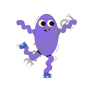 A purple oval monster with two eyes gliding on one blue ice skate with its wavy arms spread wide.