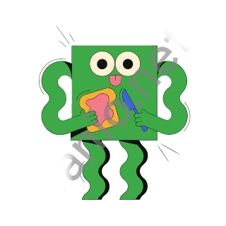 A green square monster with two eyes spreading pink jam on a slice of toast with a small blue knife.