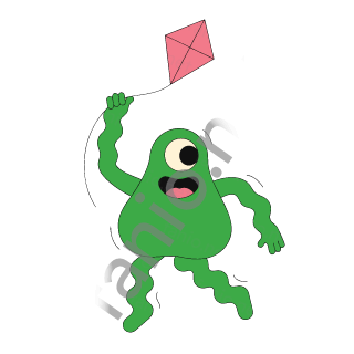 A green pear-shaped monster with one big eye holding the string of a pink diamond kite flying above.