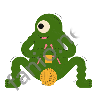 A dark green one-eyed monster sitting with pink knitting needles and a small yellow knitted piece, a yellow ball of yarn at its feet.