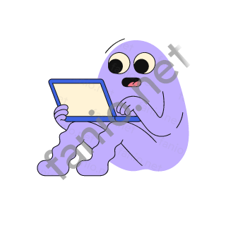 A pale purple monster sitting and typing on a blue laptop with a pale screen.