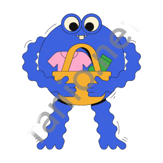 A round blue monster with big eyes on top carrying a yellow basket full of pink and green clothes.