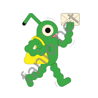 A green one-eyed monster with a bent antenna holding up an envelope and carrying a yellow shoulder bag.