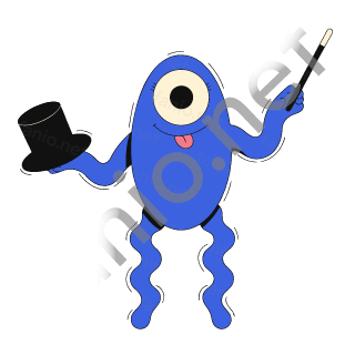 A blue one-eyed monster sticking out its tongue, holding a black top hat in one hand and a magic wand in the other.