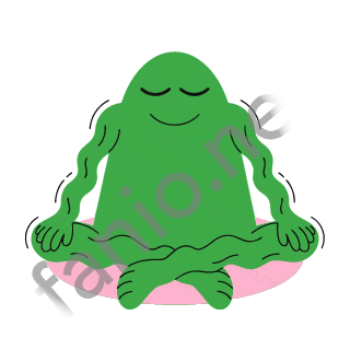 A green dome-shaped monster with closed eyes sitting cross-legged on a pink cushion, hands on its knees.