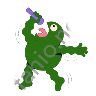 A green round monster with one eye and a pink tongue singing into a purple microphone held high, its other arm stretched out.