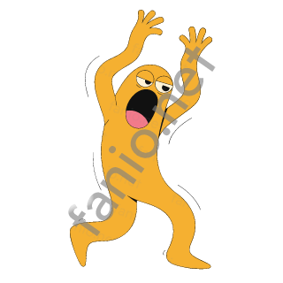 A tall yellow monster yawning wide with sleepy eyes, stretching both arms high above its head.
